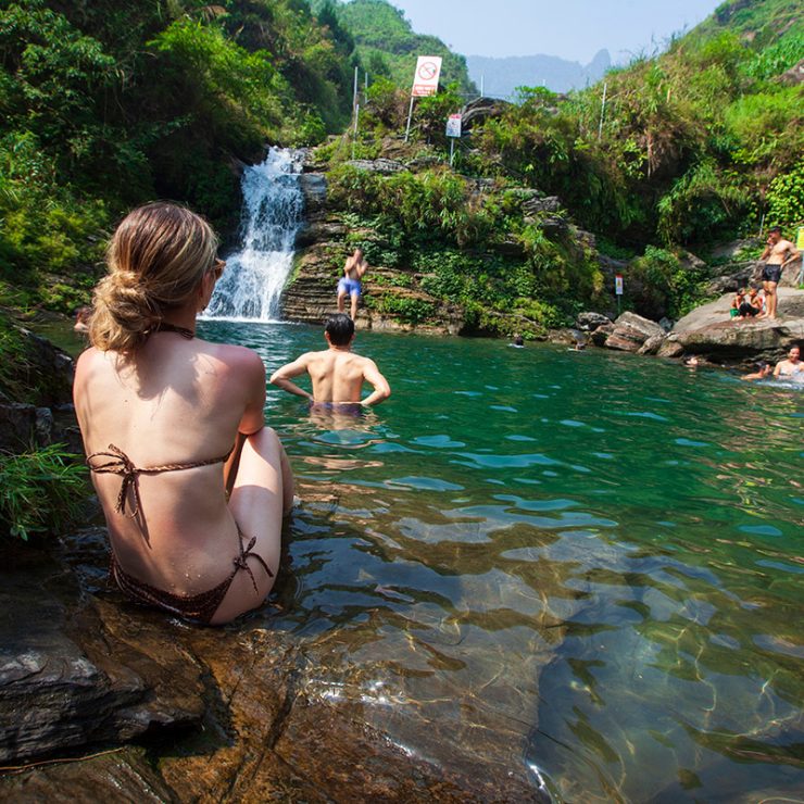 Du Gia Waterfall has become a popular destination for Western tourists.